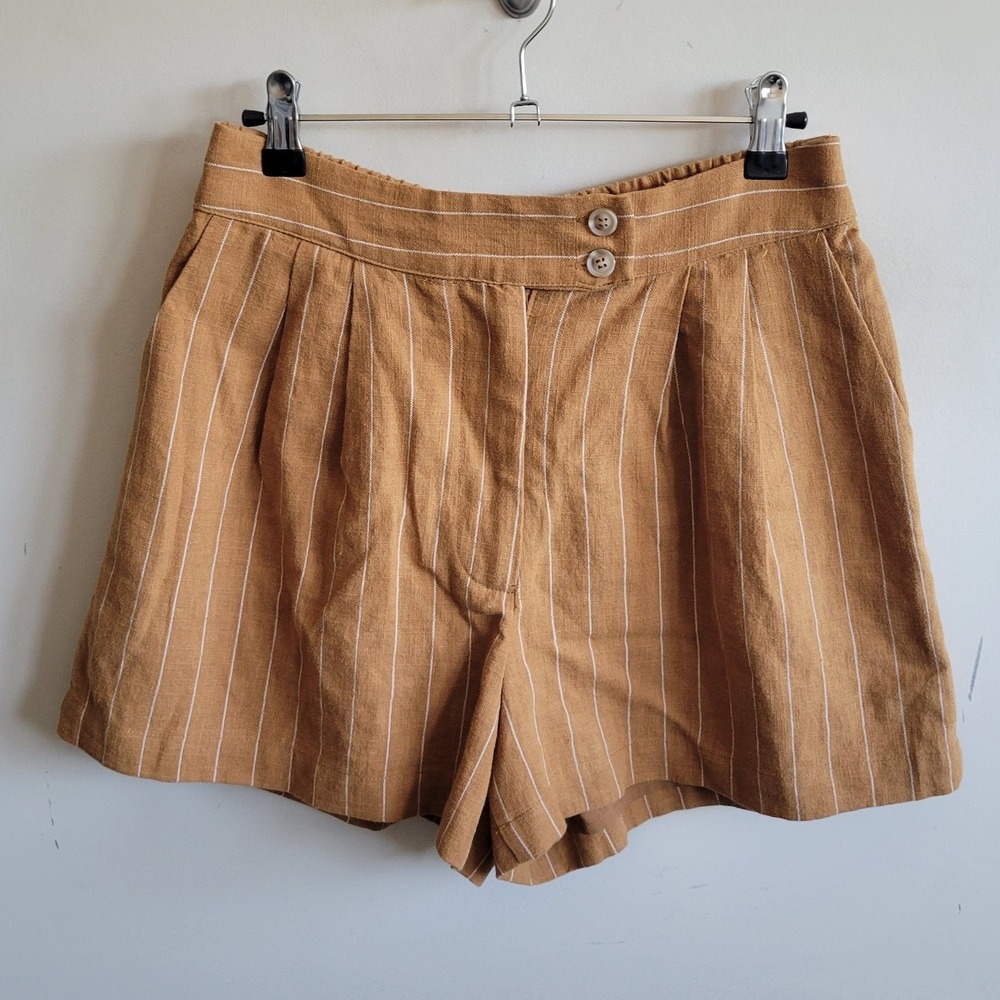 Hayes Short Story Brown Pinstripe Linen Cotton Blend Pleated Shorts Size MP